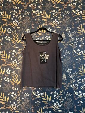 Vintage Fenini Sleeveless Brown Tank Top with Embroidered Patch Linen Size M